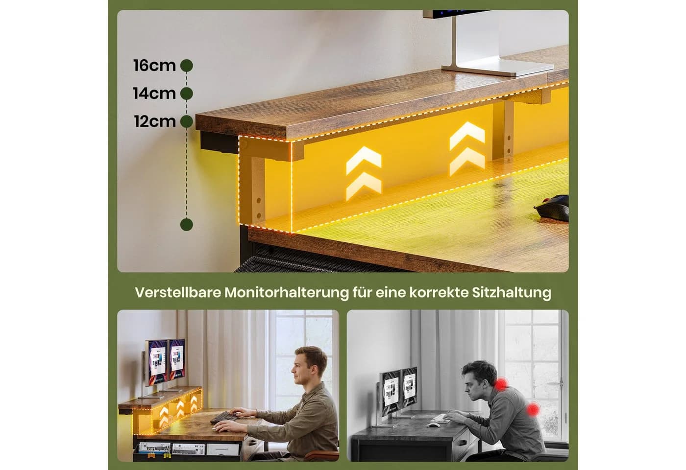 Klyvvo Gaming Schreibtisch mit LED, Schubladen & Monitorständer Schwarz/Braun - Bild 5