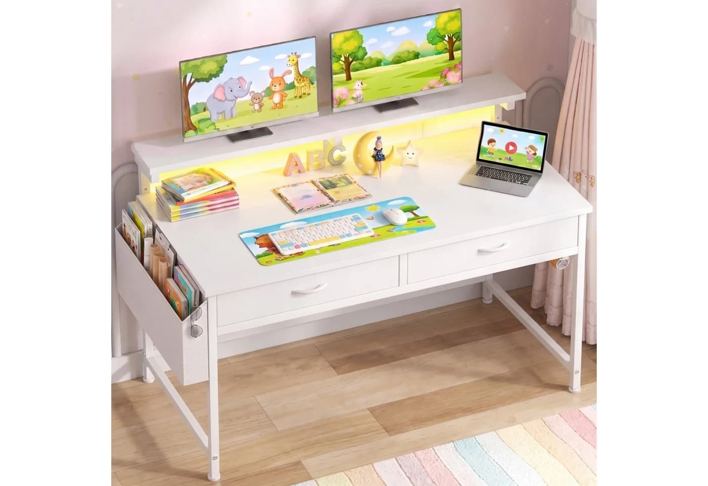 Klyvvo Gaming Schreibtisch Weiß mit RGB-LED & Stauraum - Bild 2