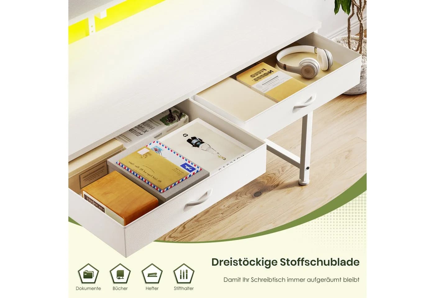 Klyvvo Gaming Schreibtisch Weiß mit RGB-LED & Stauraum - Bild 4
