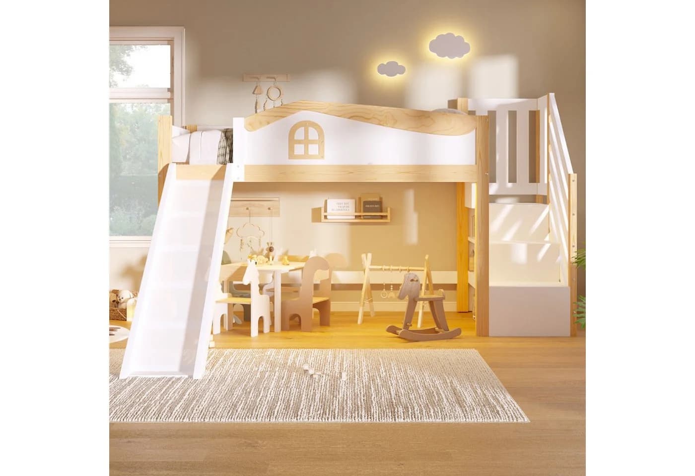 TavilaEcon Halbhohes Bett 90x200cm mit Rutsche & LED