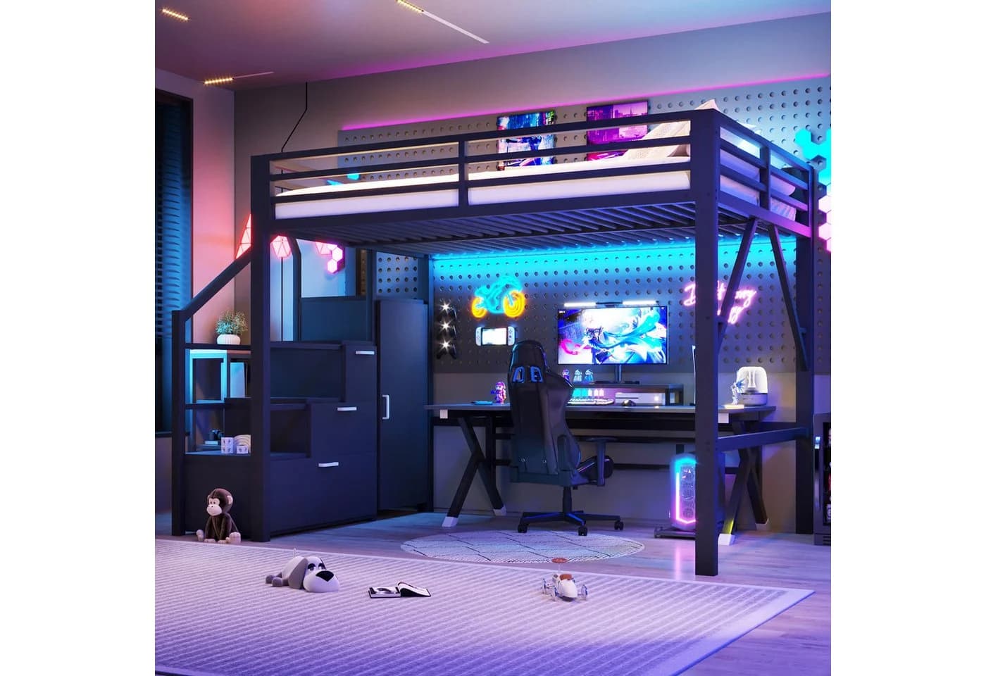 Ulife Hochbett Metall Schwarz mit Staufächern, Kleiderschrank & LED - Bild 2