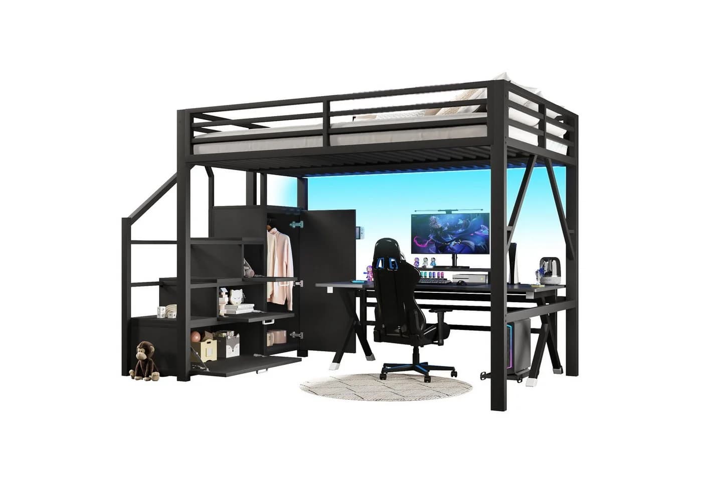 Ulife Hochbett Metall Schwarz mit Staufächern, Kleiderschrank & LED - Bild 3