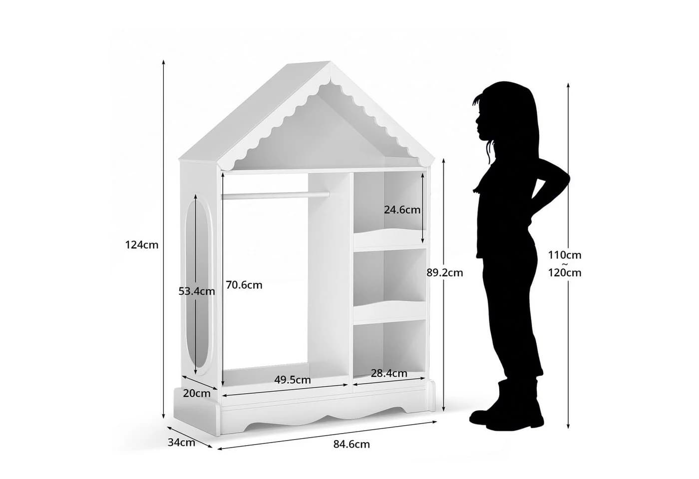 VOWNER Kinderkleiderschrank Hausform Weiß mit Spiegel