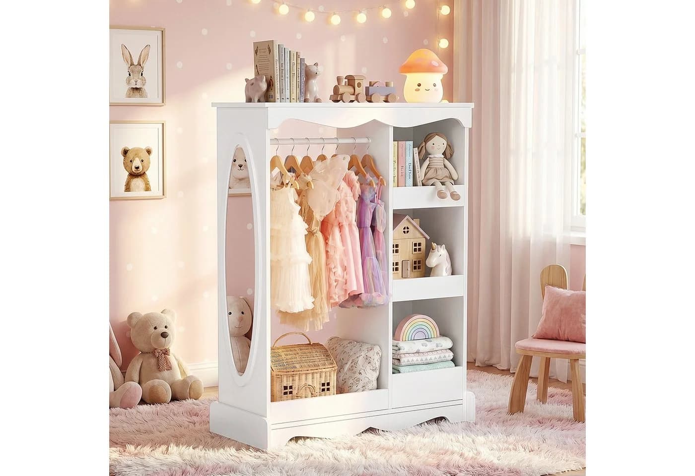 VOWNER Kinderkleiderschrank Weiß mit Spiegel und Regalen - Bild 2