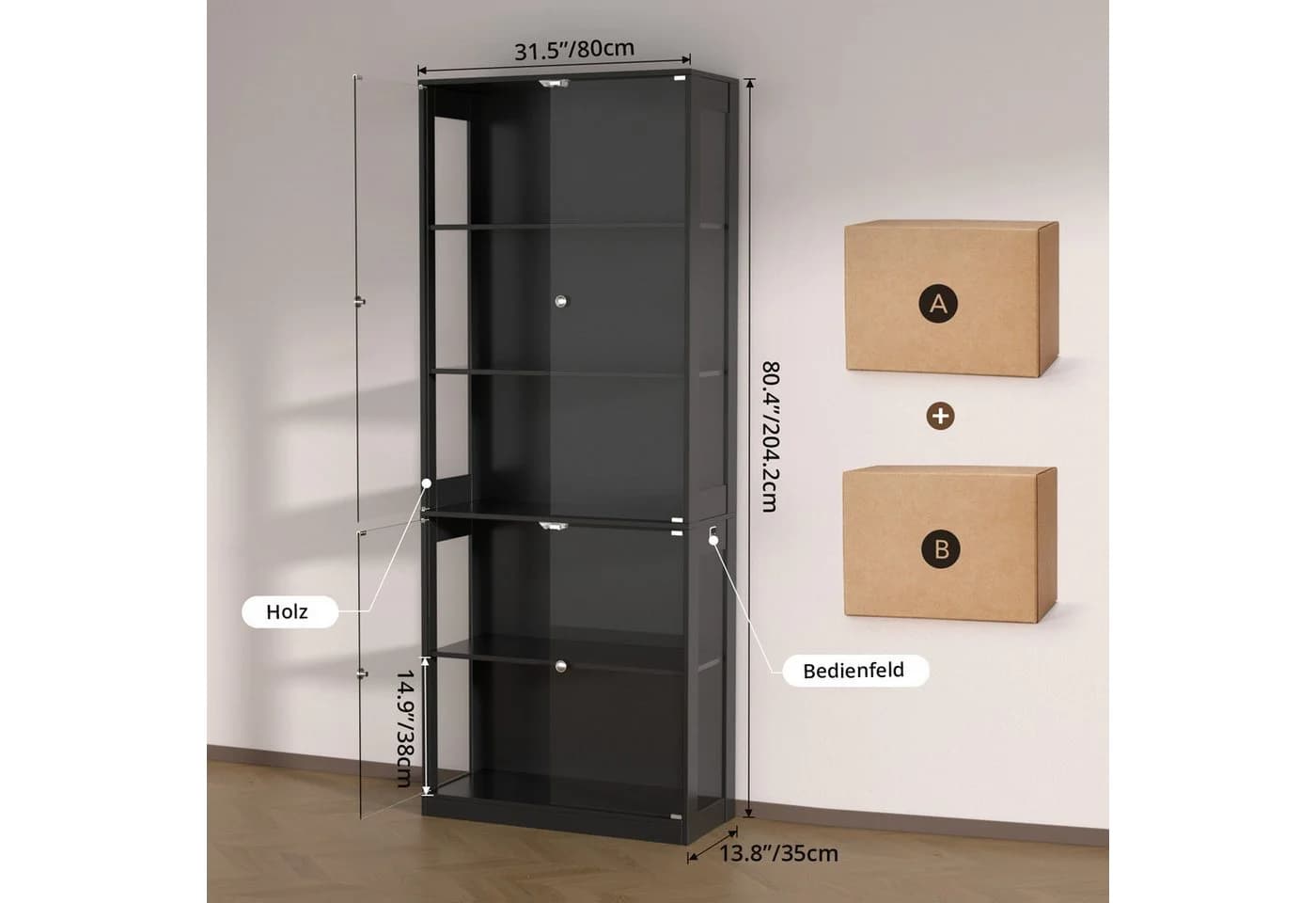 VOWNER Vitrine mit LED-Beleuchtung und Glastüren Schwarz/Weiß