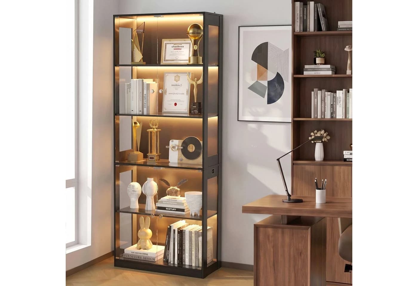 VOWNER Vitrine mit LED-Beleuchtung und Glastüren Schwarz/Weiß - Bild 2