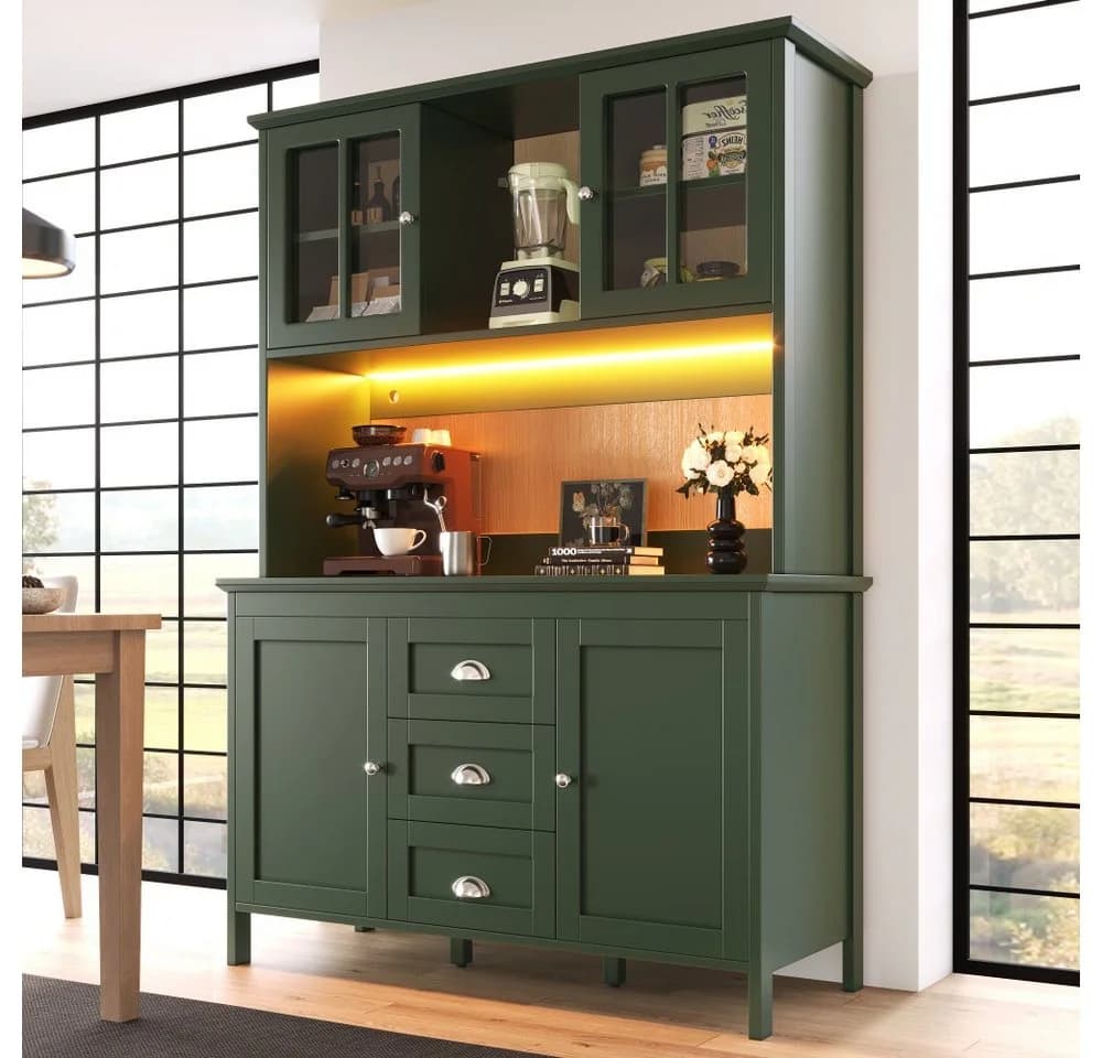 TavilaEcon Küchenbuffet Grün mit Glastüren und LED-Beleuchtung - Bild 2