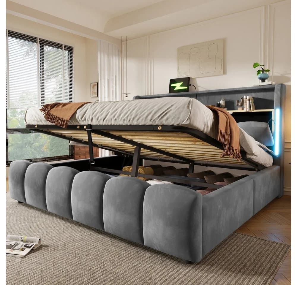 TavilaEcon Polsterbett mit USB-Anschluss und Stauraum grau/beige - Bild 2