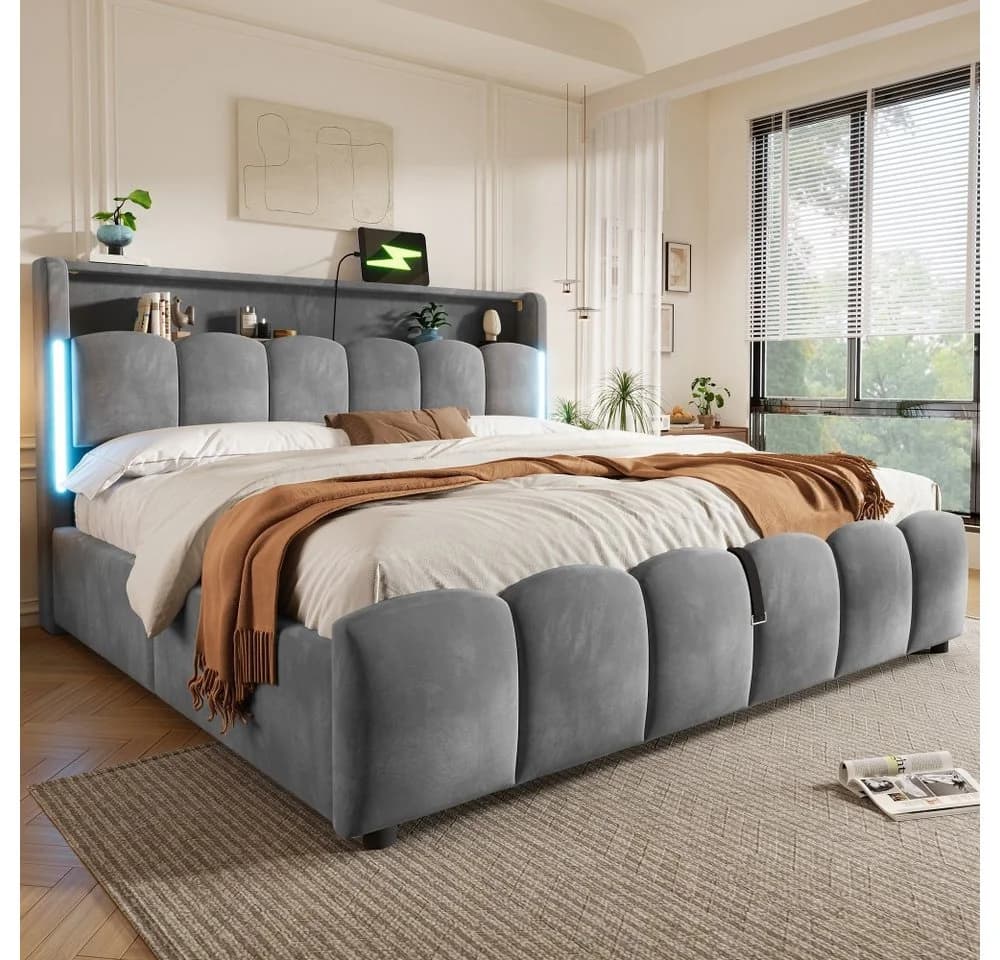 TavilaEcon Polsterbett mit USB-Anschluss und Stauraum grau/beige - Bild 3