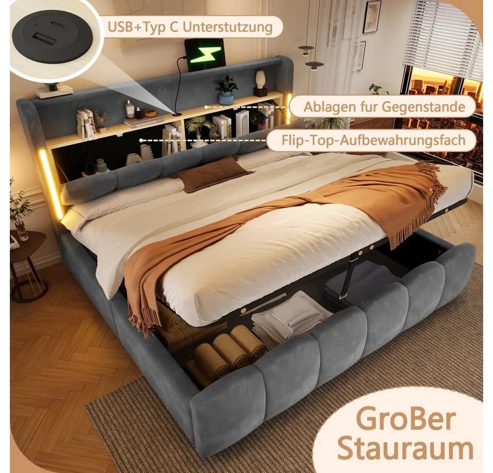TavilaEcon Polsterbett mit USB-Anschluss und Stauraum grau/beige - Bild 5
