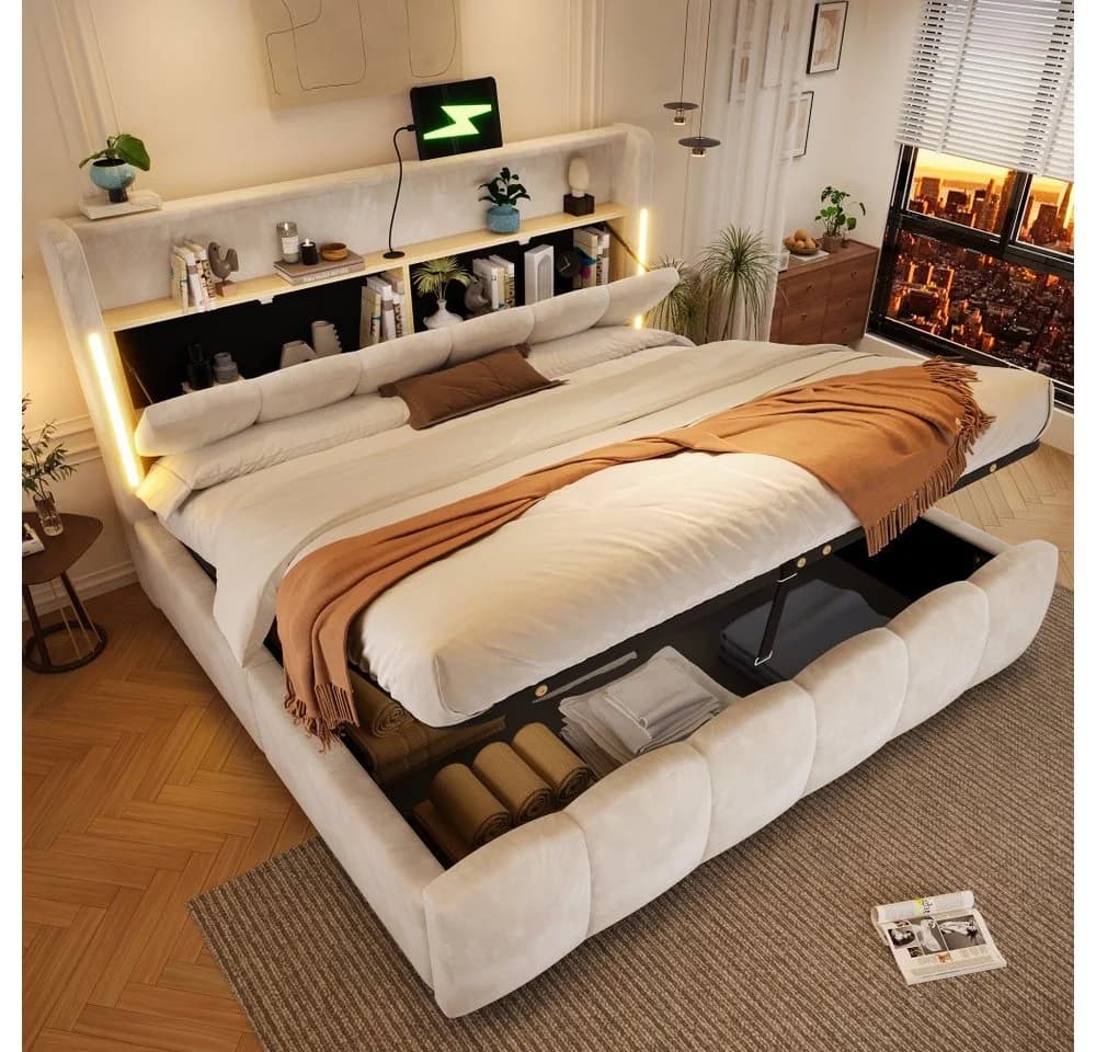 TavilaEcon Polsterbett 180x200 Beige Grau mit Stauraum & USB - Bild 2