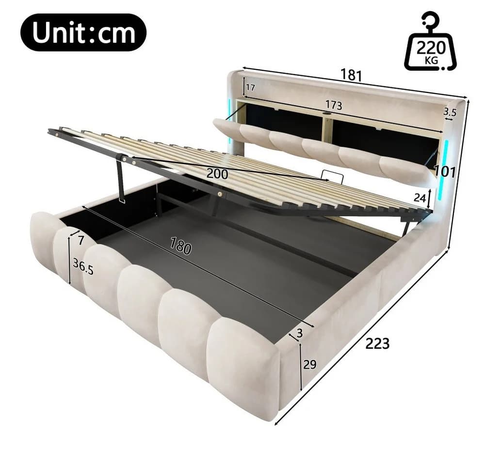 TavilaEcon Polsterbett 180x200 Beige Grau mit Stauraum & USB - Bild 4