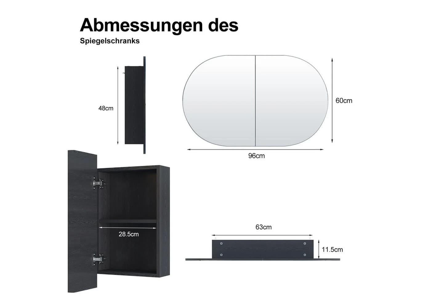 radelldar Spiegelschrank Bad Schwarz 5 Fächer Wandmontage