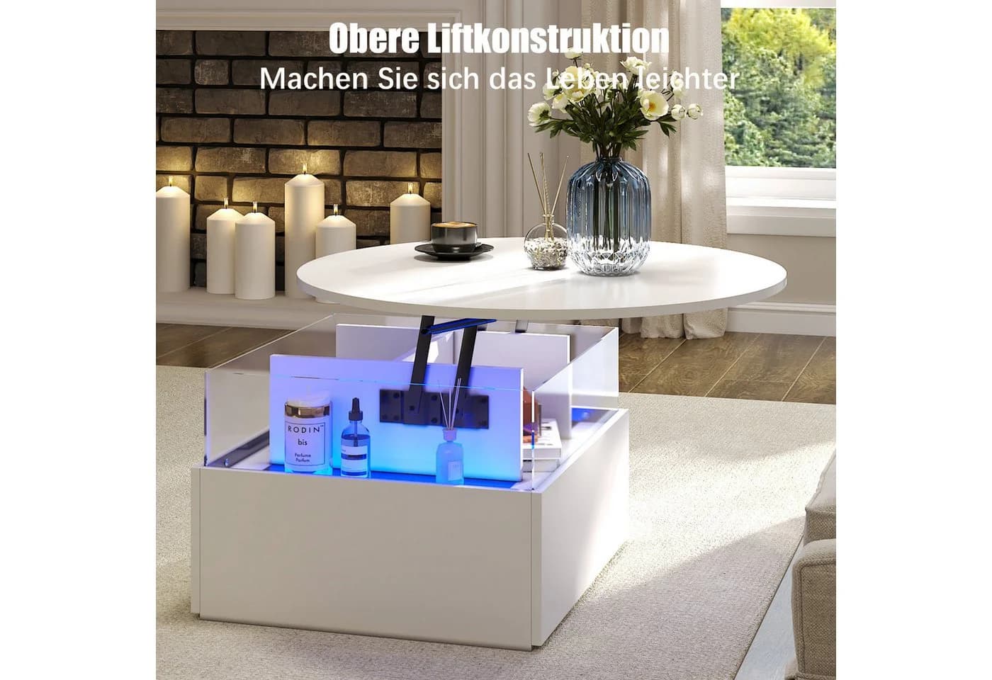 radelldar Höhenverstellbarer Couchtisch mit LED-Beleuchtung Weiß - Bild 5