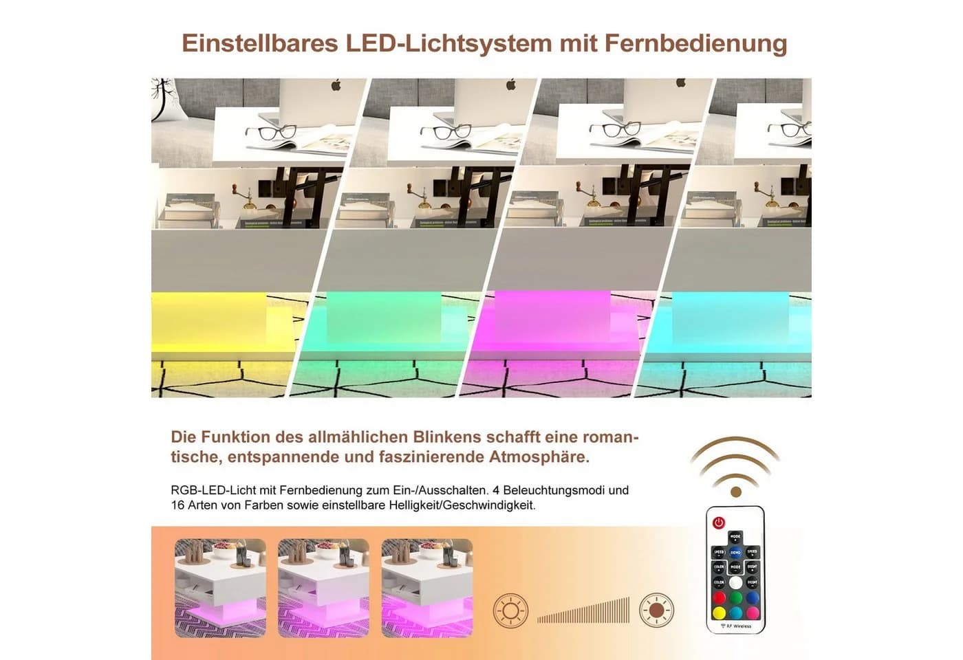 radelldar Couchtisch mit LED Beleuchtung höhenverstellbar Schwarz - Bild 5