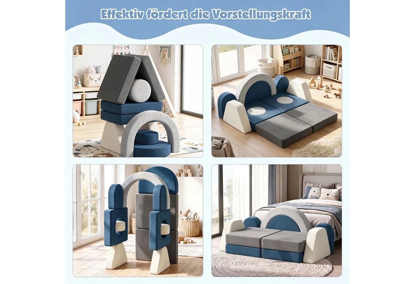 radelldar Modulares Kindersofa 7/12 Teile Samt Blau/Beige/Grau/Rosa