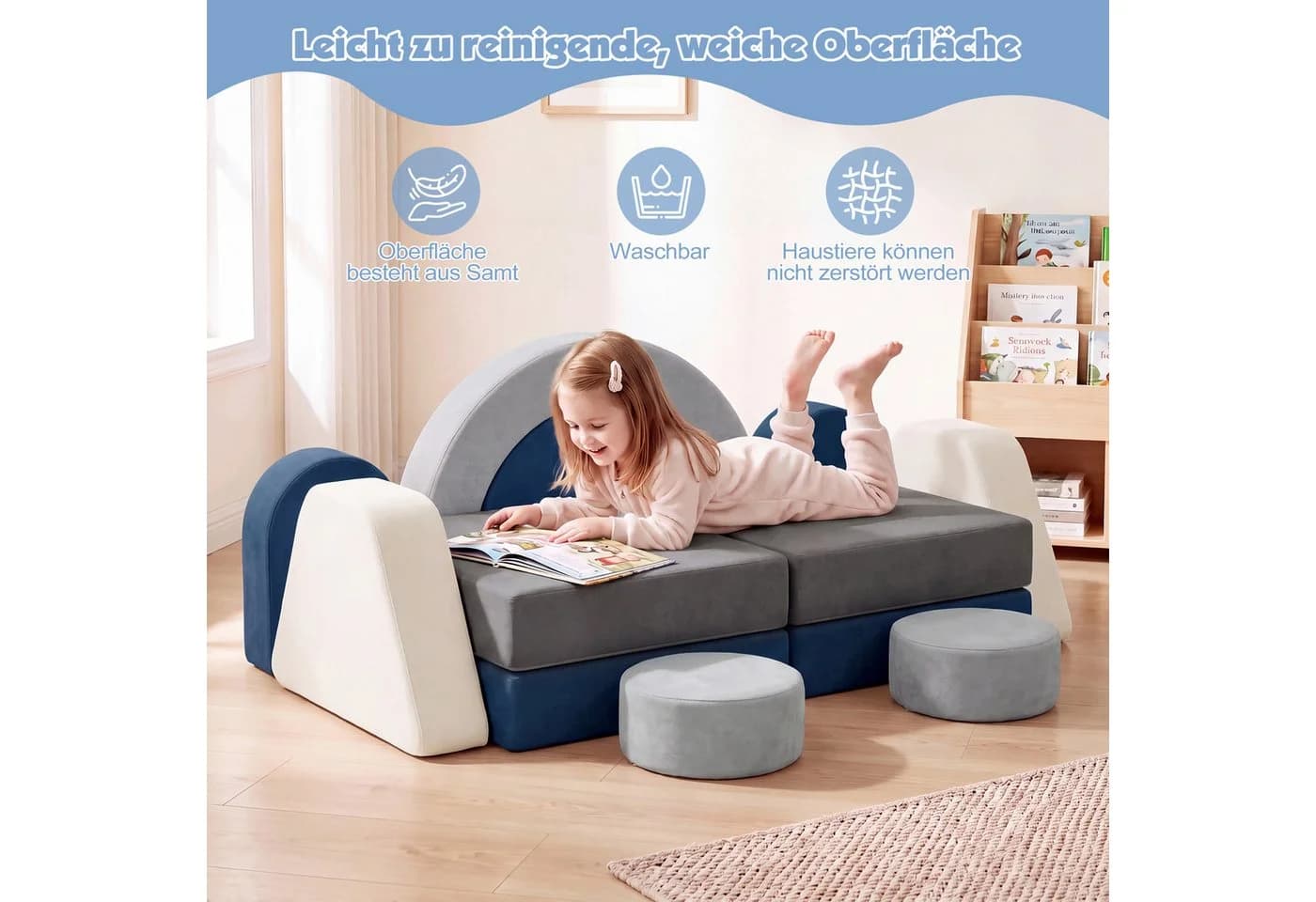 radelldar Modulares Kindersofa 7/12 Teile Samt Blau/Beige/Grau/Rosa - Bild 3