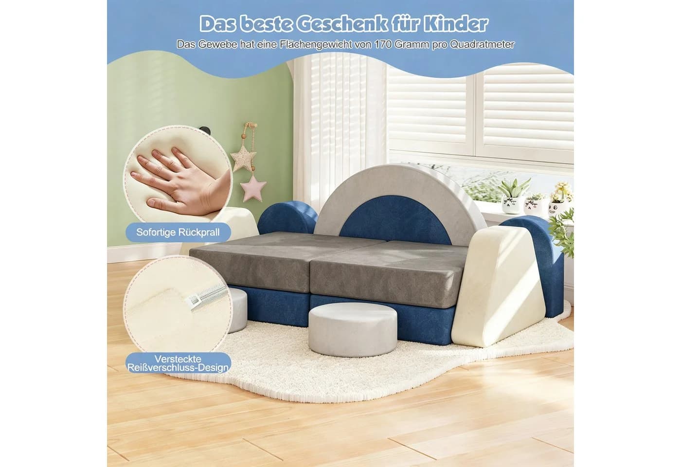 radelldar Modulares Kindersofa 7/12 Teile Samt Blau/Beige/Grau/Rosa - Bild 4