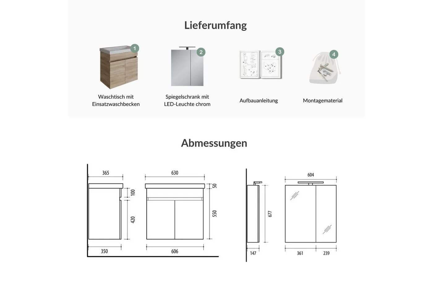 Planetmöbel Badmöbel-Set mit Waschbecken und Spiegelschrank Sonoma Eiche - Bild 5