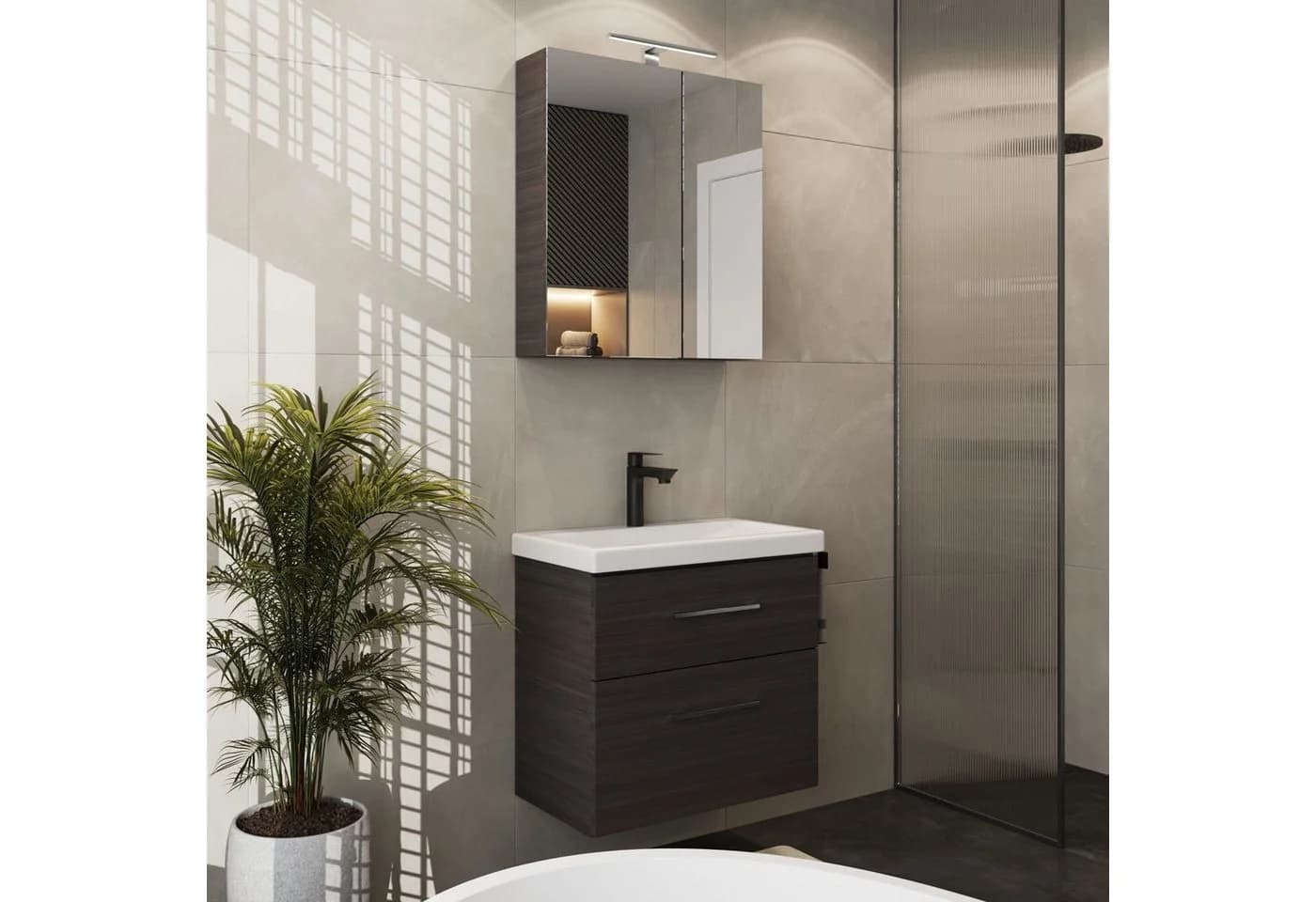 Planetmöbel Badmöbel-Set, Spiegelschrank 63cm, Anthrazit