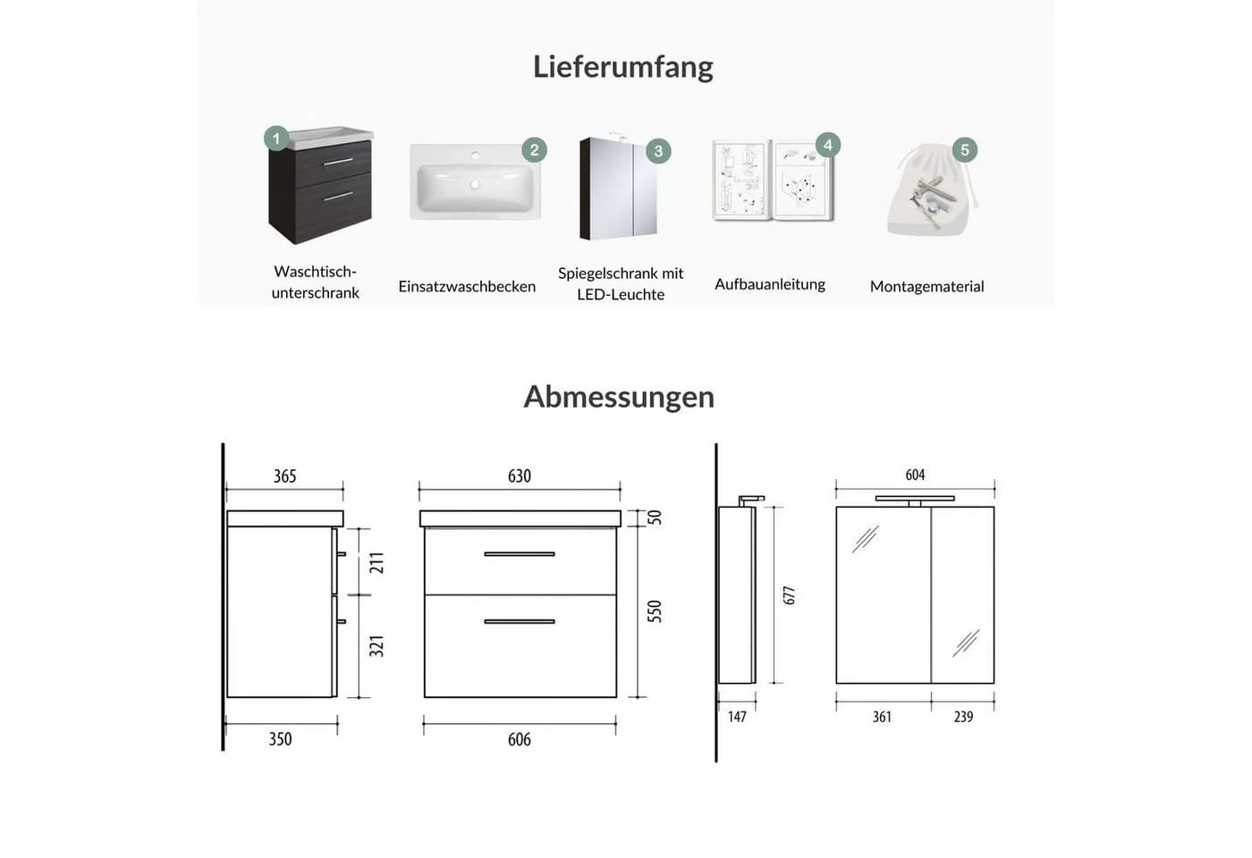 Planetmöbel Badmöbel-Set, Spiegelschrank 63cm, Anthrazit - Bild 4