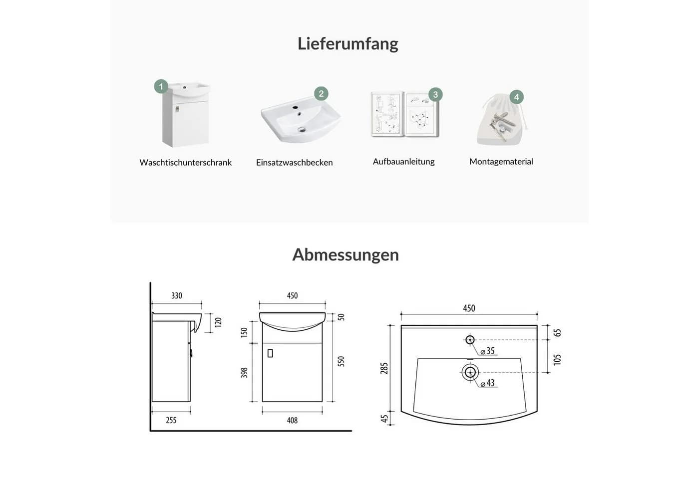 Planetmöbel Waschtischunterschrank 45cm Weiß - Bild 4