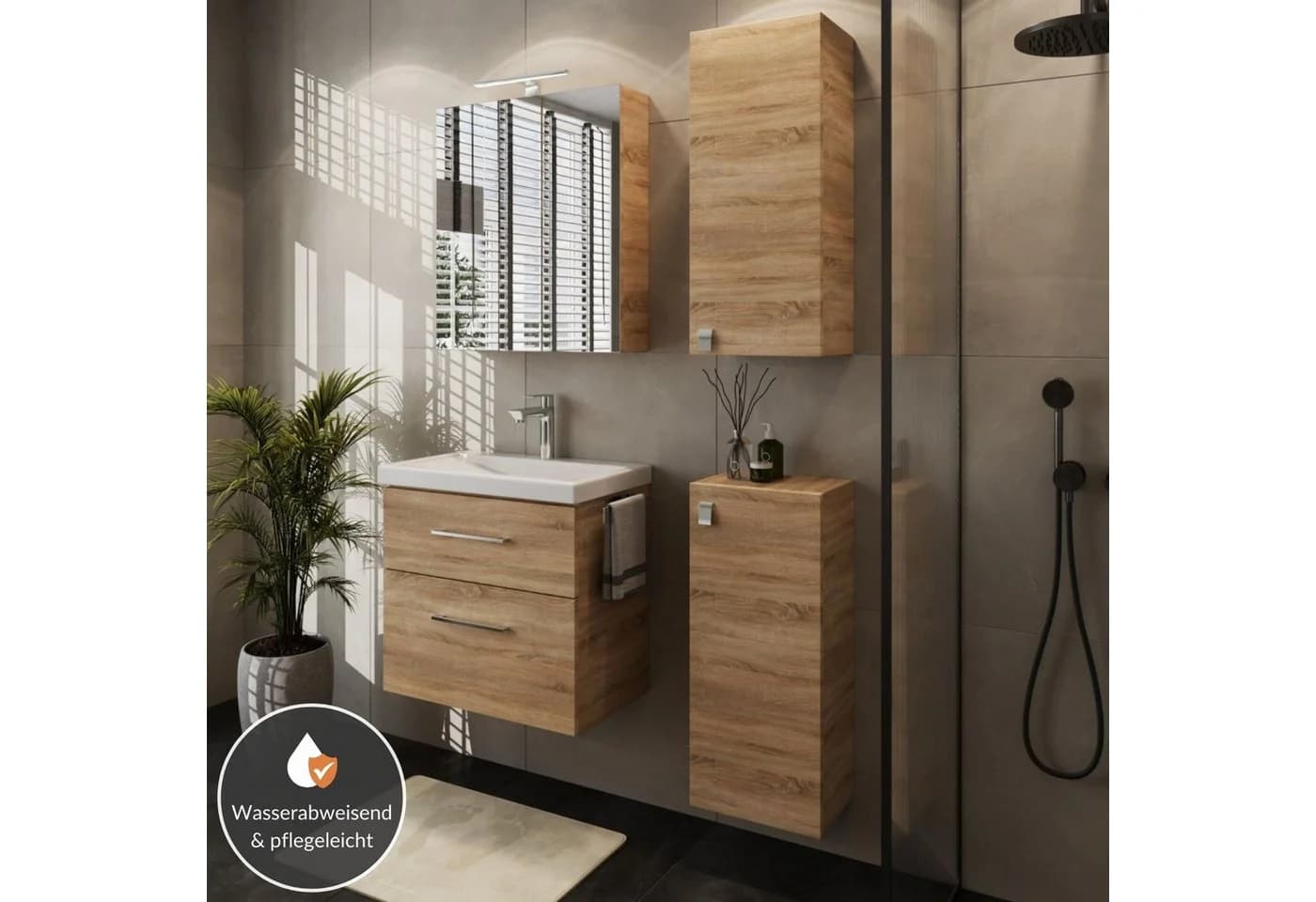 Planetmöbel Badmöbel-Set Sonoma Eiche mit Spiegelschrank und Midischränken - Bild 3