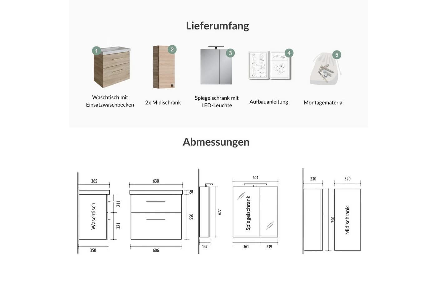 Planetmöbel Badmöbel-Set Sonoma Eiche mit Spiegelschrank und Midischränken - Bild 5