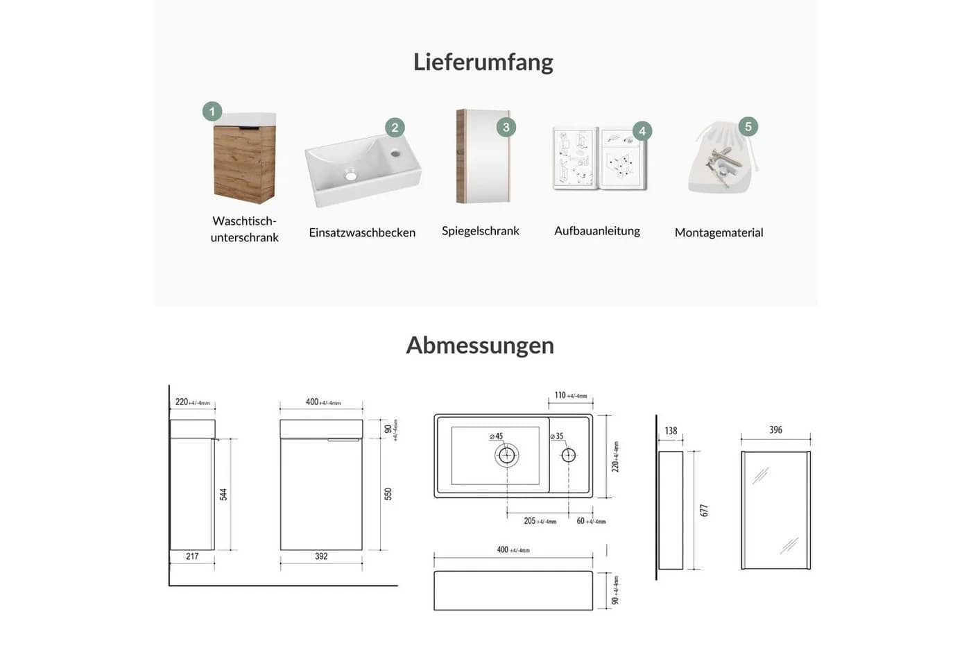 Planetmöbel Badmöbel-Set 40 cm Gold-Eiche mit Spiegelschrank - Bild 4