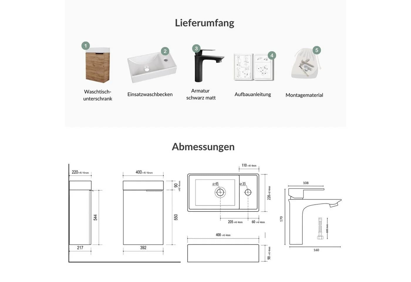 Planetmöbel Waschtisch-Set Compact 40cm mit Unterschrank und Armatur - Bild 4
