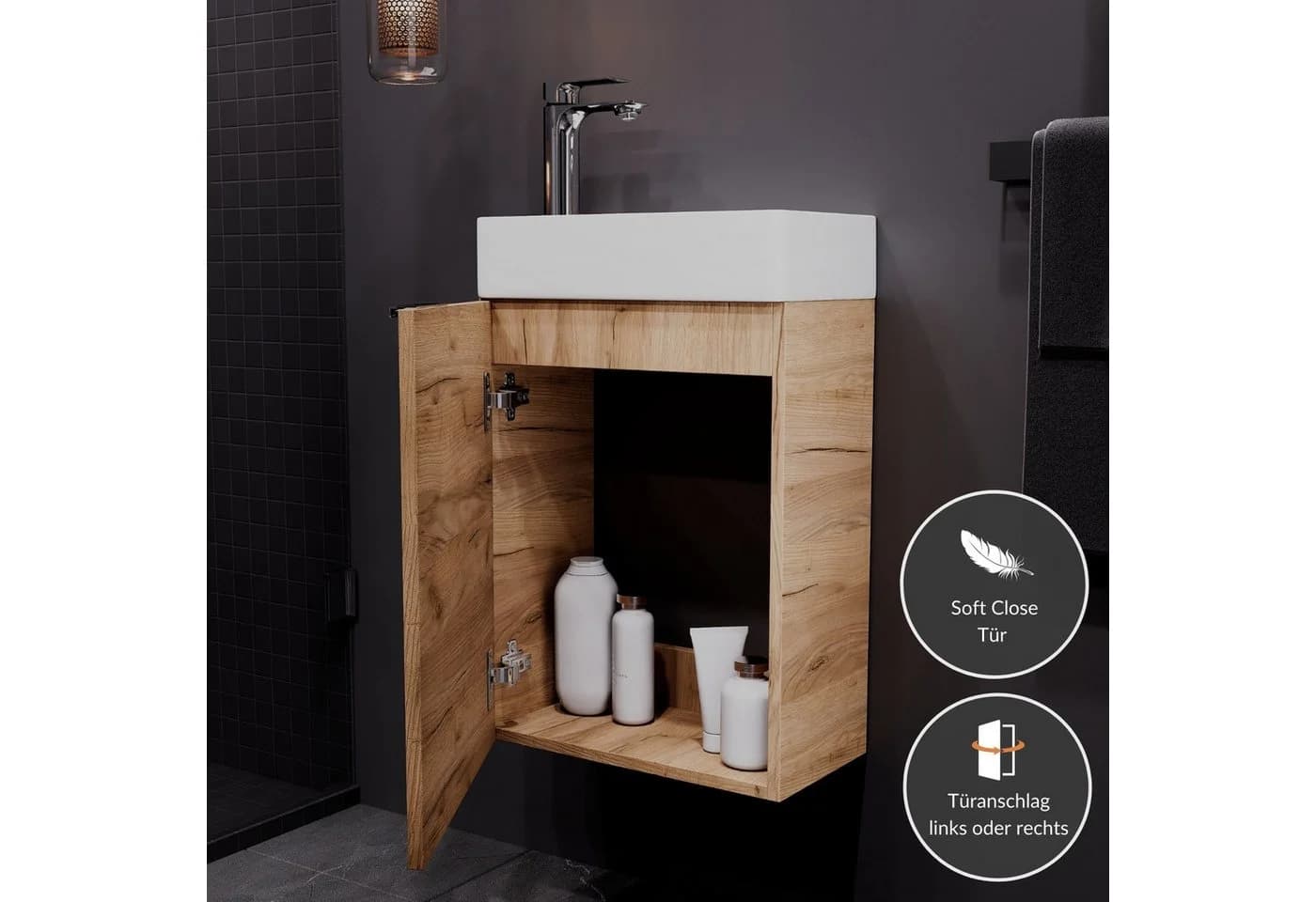 Planetmöbel Waschtisch-Set 40cm mit Keramikwaschbecken & Armatur Gold Eiche - Bild 3