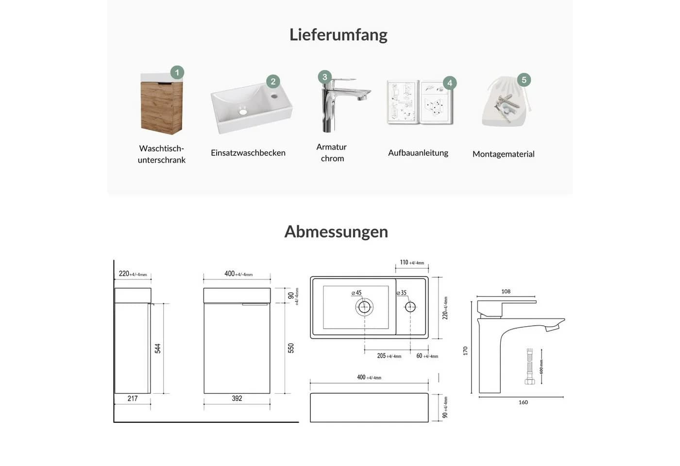 Planetmöbel Waschtisch-Set 40cm mit Keramikwaschbecken & Armatur Gold Eiche - Bild 4