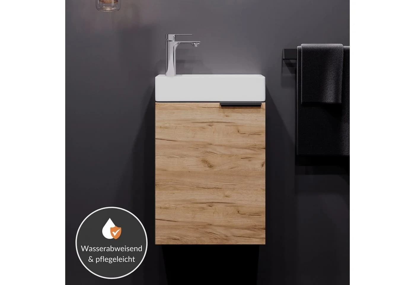 Planetmöbel Waschtisch-Set 40cm mit Keramikwaschbecken & Armatur Gold Eiche - Bild 5