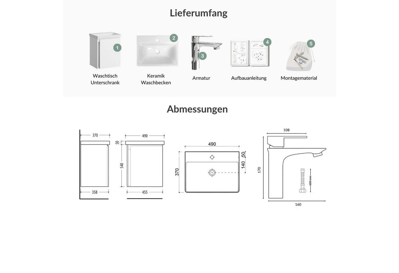 Planetmöbel Waschtisch-Set Unterschrank mit Keramikbecken 50cm Weiß - Bild 4