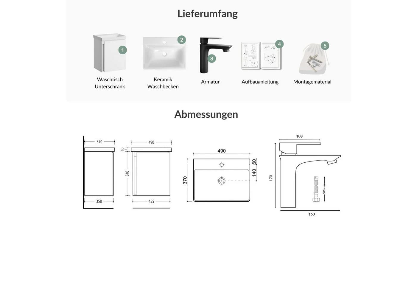 Planetmöbel Waschtisch-Set Unterschrank mit Waschbecken 50cm Weiß mit Armatur - Bild 4
