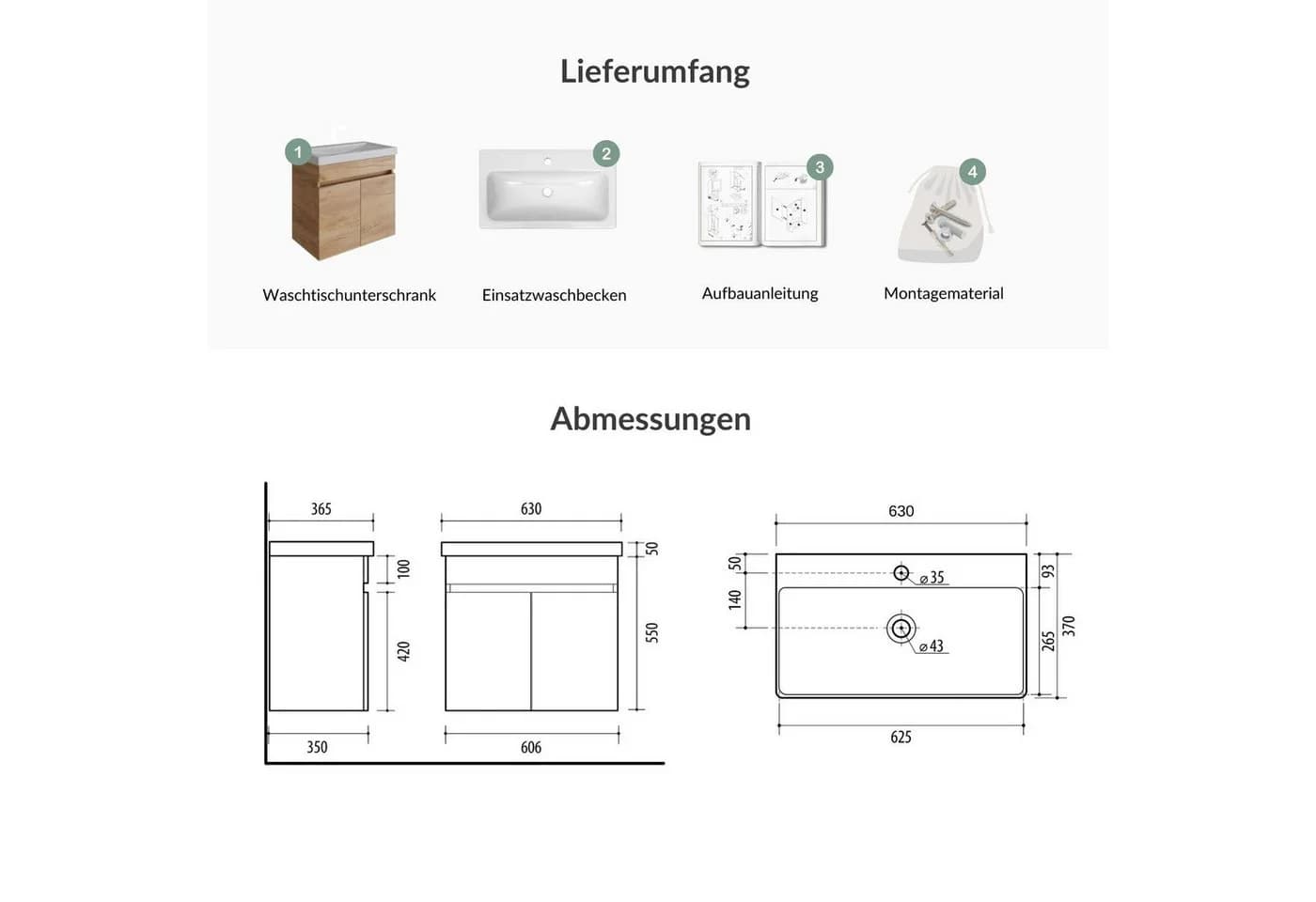 Planetmöbel Waschtisch-Set 63cm mit Keramikwaschbecken Softclose - Bild 5