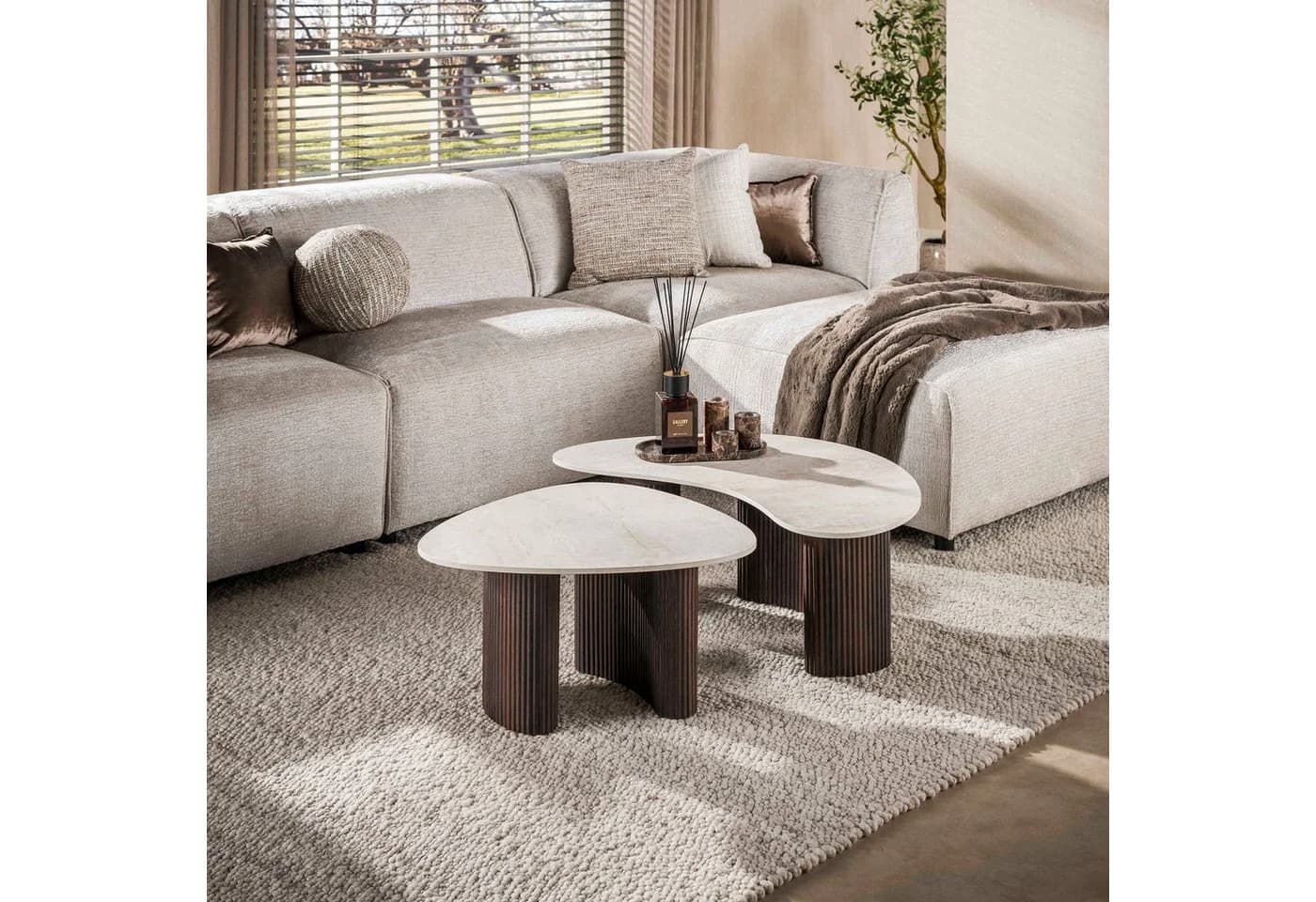 alesvelt Couchtisch Set CERAMO ONDA 2er-Set Taj-Mahal Keramik Rillen-Gestell