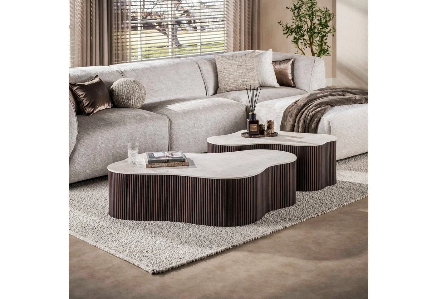alesvelt CERAMO GRANDE Couchtisch Set 2-teilig 3D-Keramik Travertin-Optik
