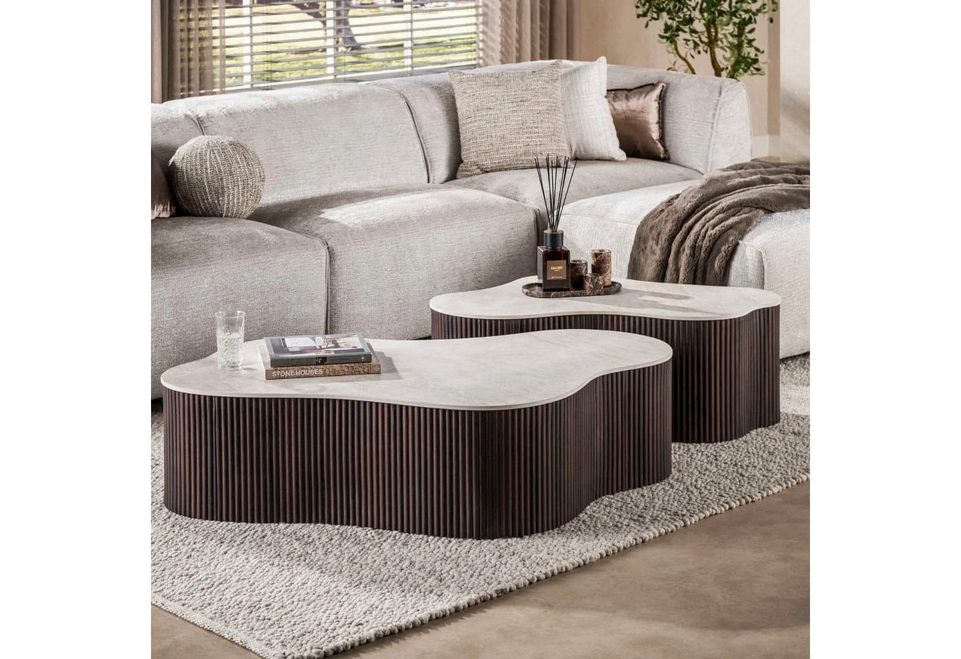 alesvelt CERAMO GRANDE Couchtisch Set 2-teilig 3D-Keramik Travertin-Optik - Bild 2