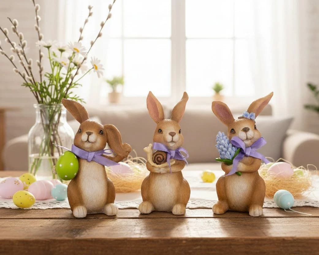 MF Osterfigur Osterhase Lino 3er Set stehend Dekofiguren mit Schleife