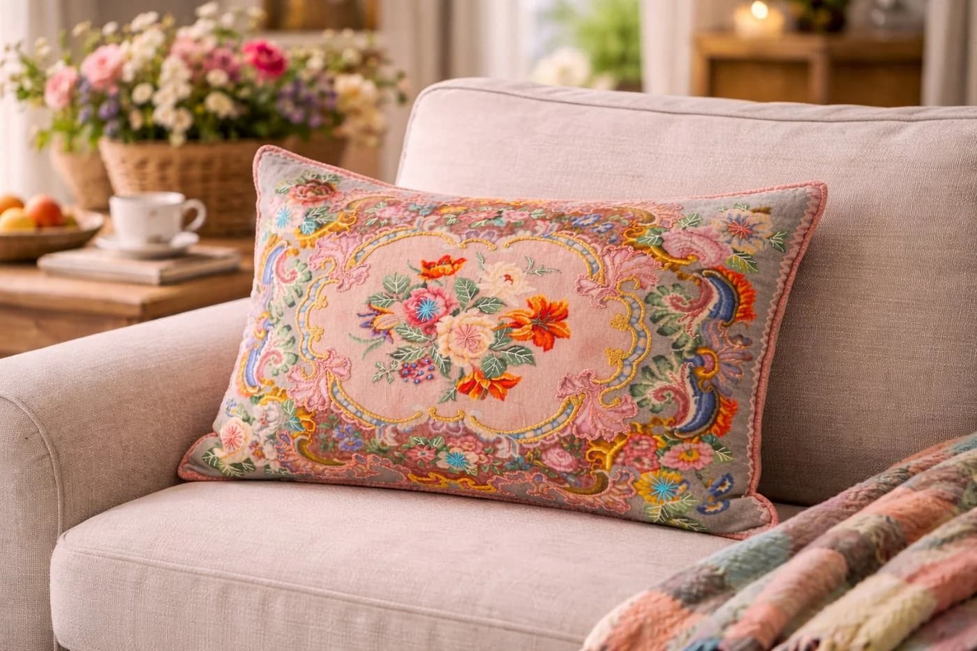 BOLTZE Dekokissen Florentine Rosalia Rechteck Baumwolle Floral Grün Orange Rosa - Bild 3