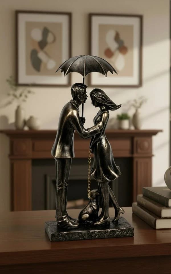 MF Dekofigur Paar mit Hund unter Regenschirm Gold Schwarz - Bild 3