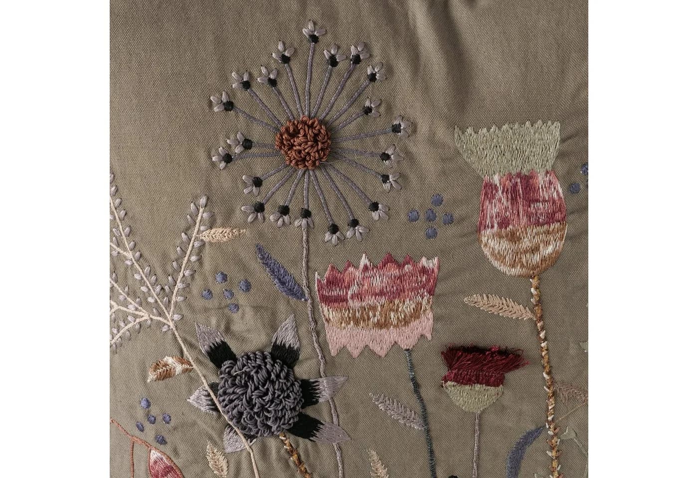 MF Dekokissen Flora Vintage Handbestickt Floral Grün Rosa