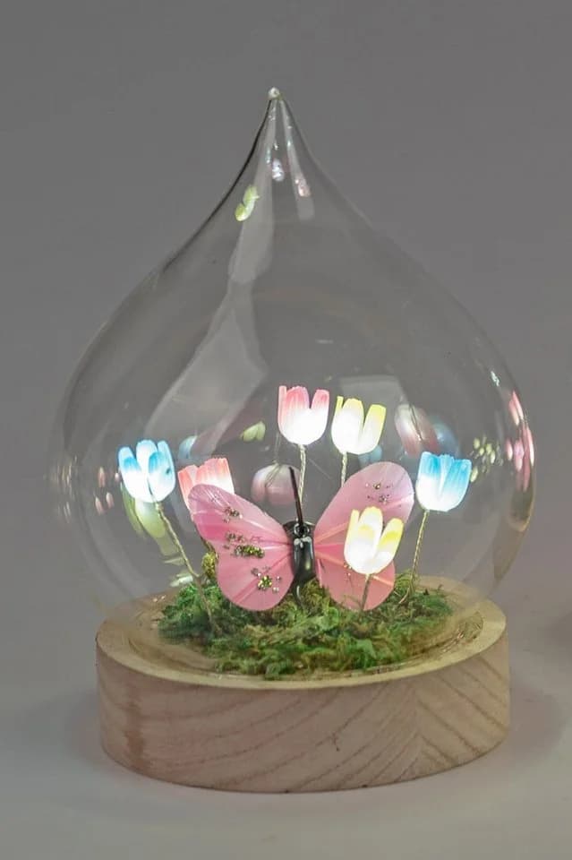 formano LED Dekolicht Blumen Schmetterling bunt rosa Glas Holz