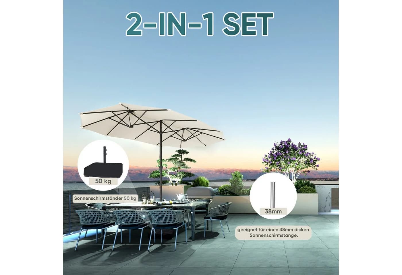 Sekey Sonnenschirm 400x220 cm mit Kurbel, Creme