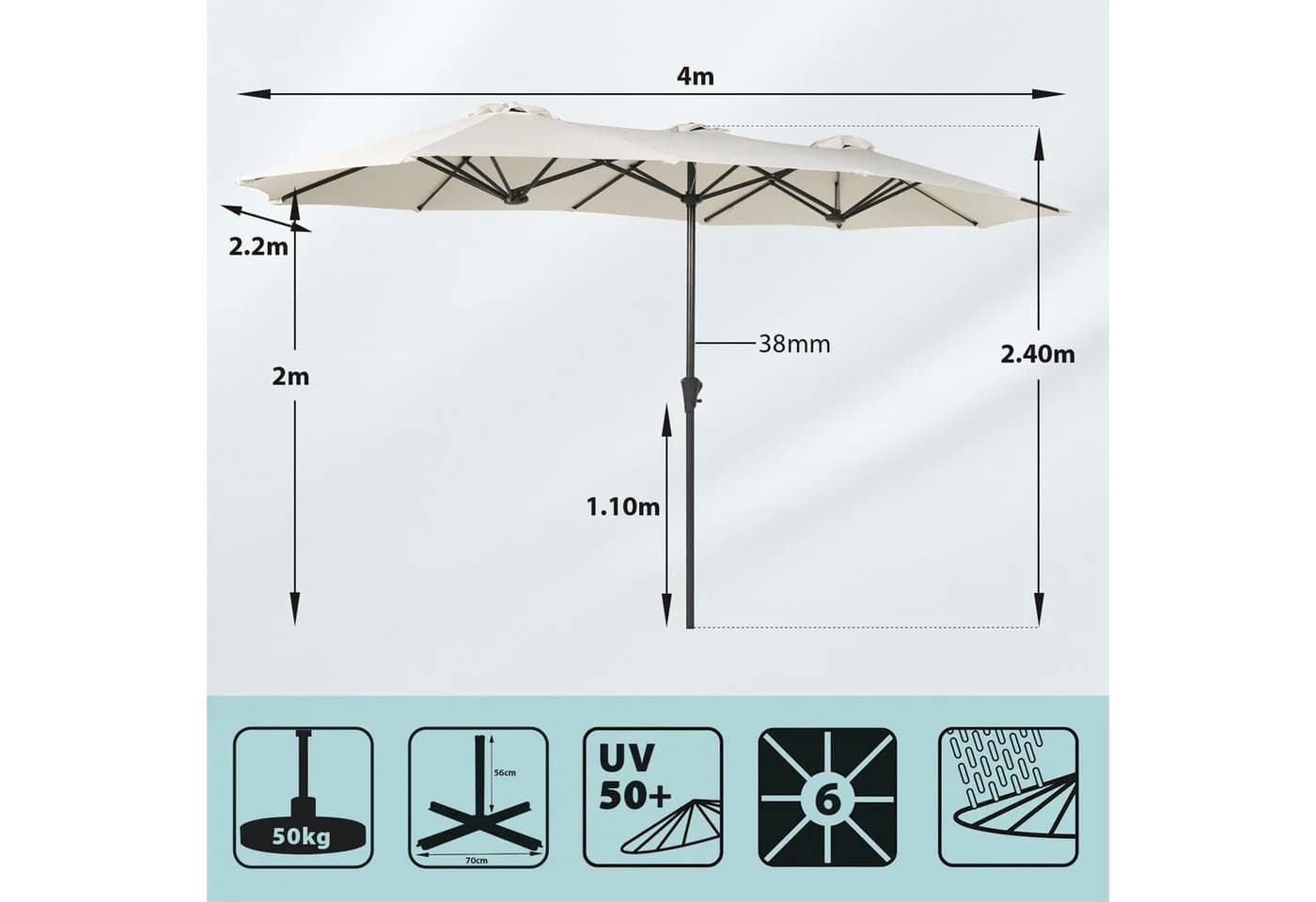 Sekey Sonnenschirm 400x220 cm mit Kurbel, Creme - Bild 3