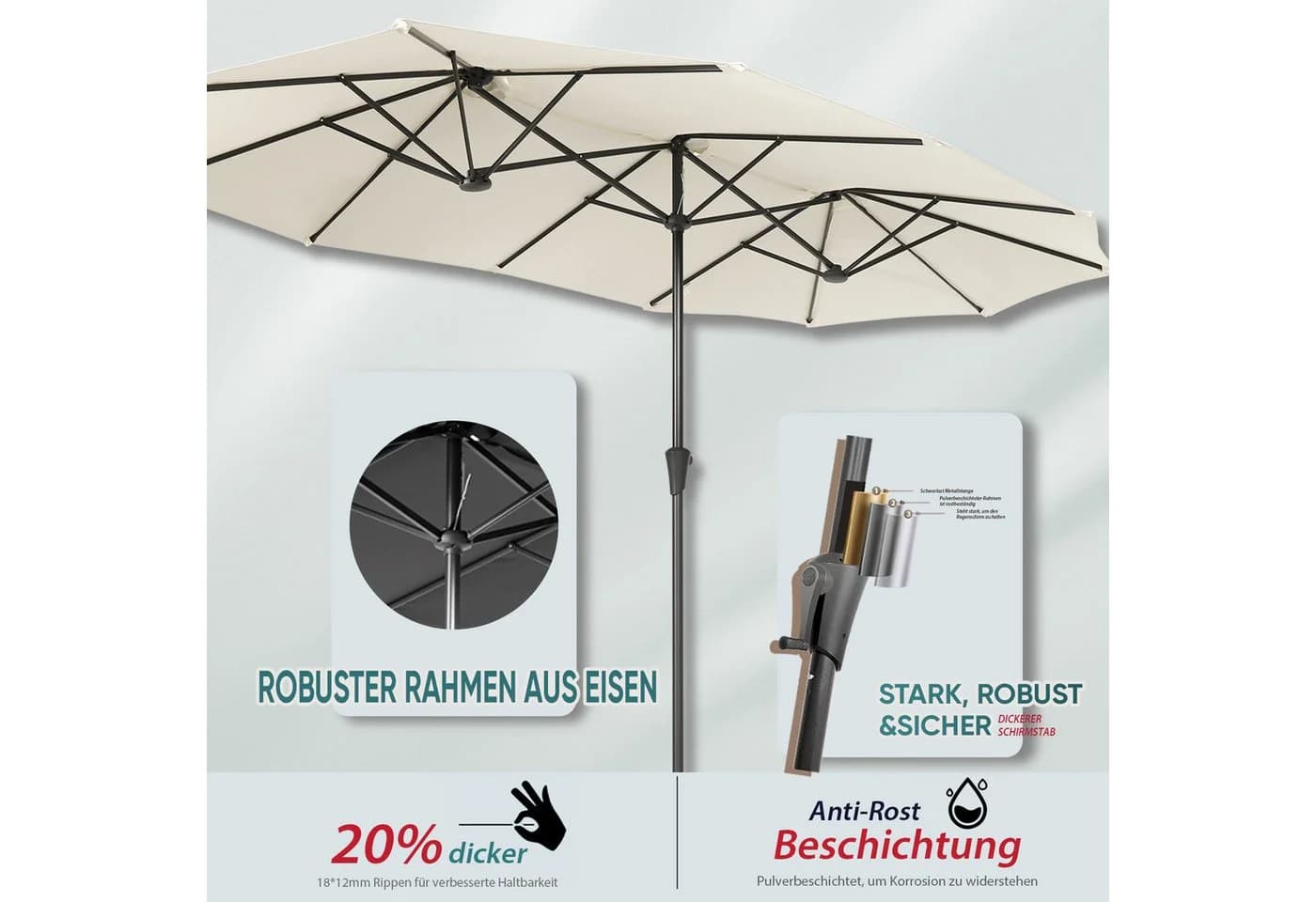 Sekey Sonnenschirm 400x220 cm mit Kurbel, Creme - Bild 5