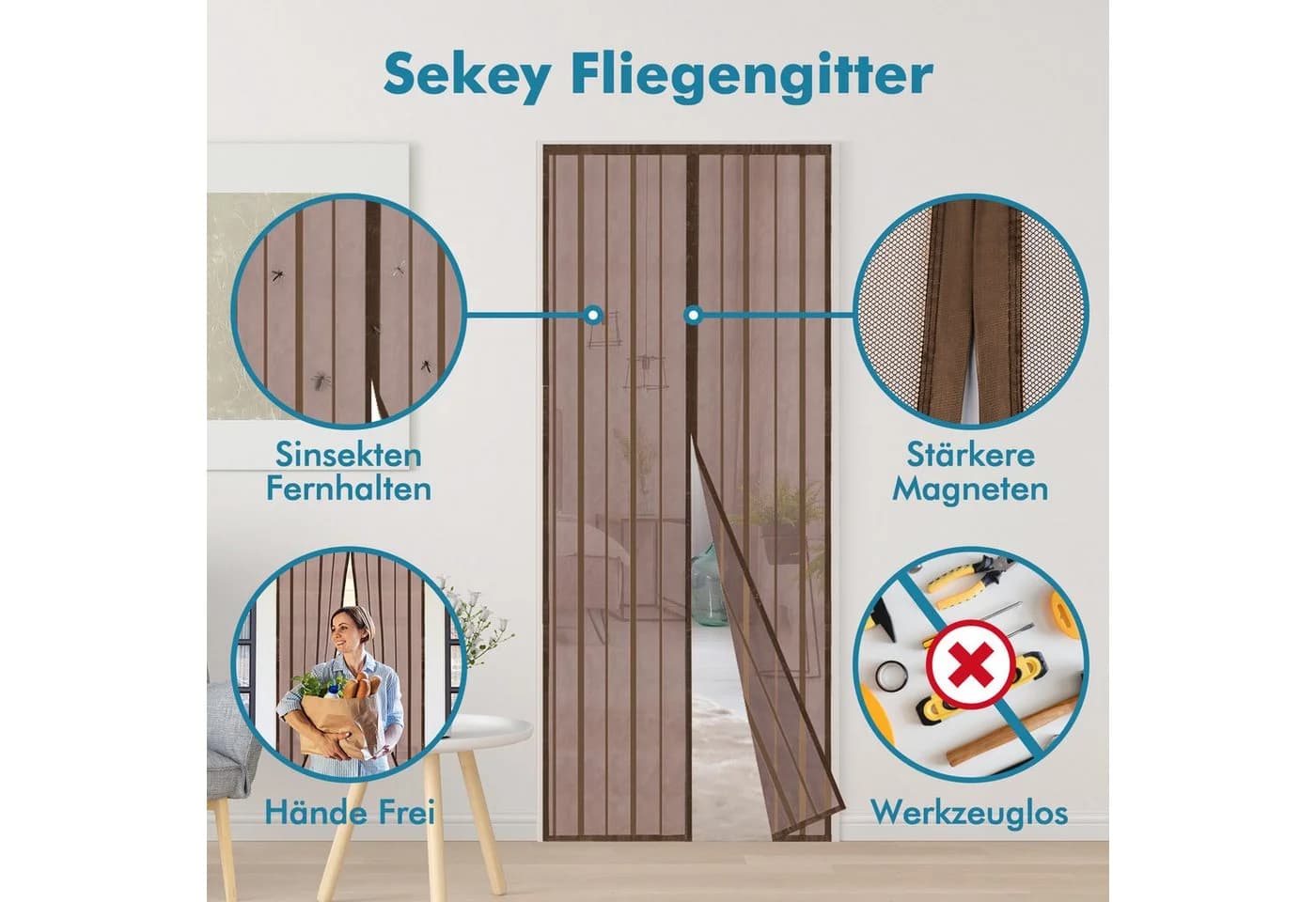 Sekey Insektenschutz-Tür Magnetisches Fliegengitter für Balkon, Keller und Terrassentür, braun