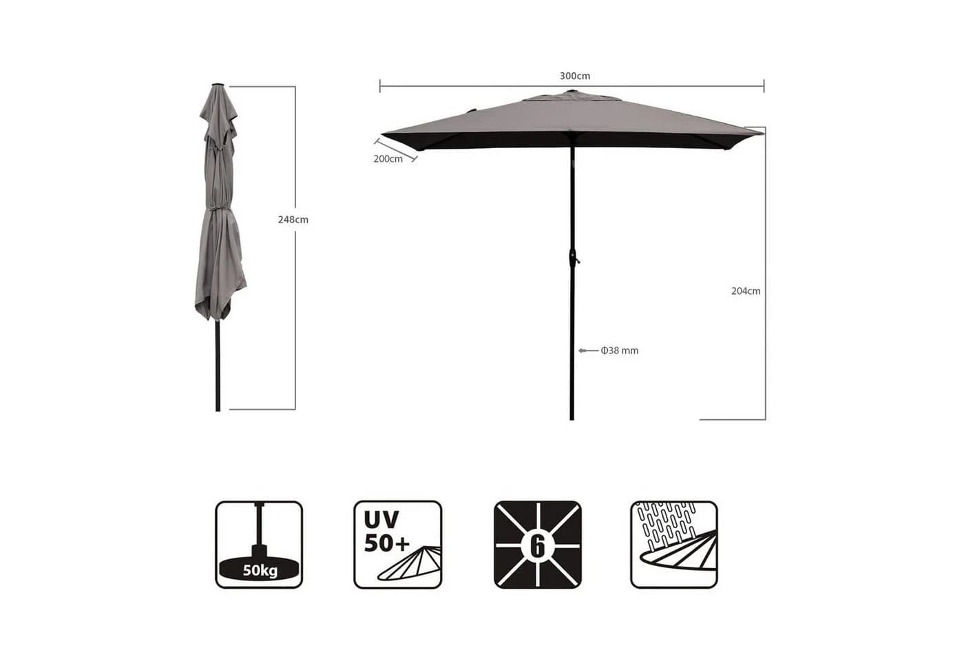 Sekey Sonnenschirm Rechteckig Gartenschirm 3m mit Kurbel UPF 50+ - Bild 3