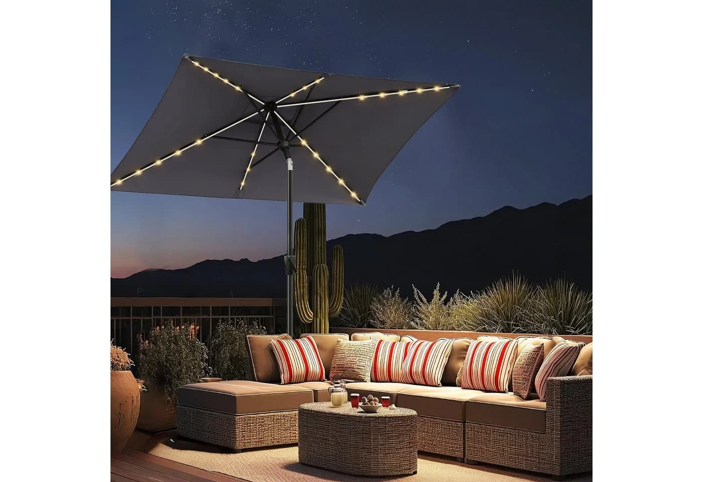 Sekey Sonnenschirm 210 x 140 cm Aluminium UV50+ mit LED-Lichtern